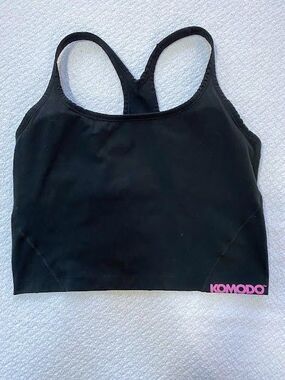 Komodo Women’s Black Racerback Sports Bra Crop Tank Top - Pink Logo - Size Large